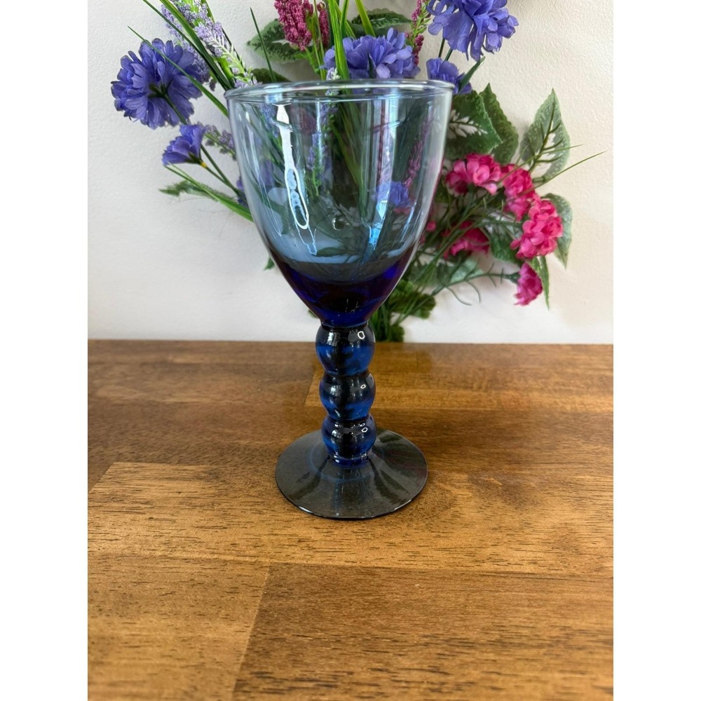 Vintage Cobalt Blue Goblet Triple Ball Beaded Stem Wine Glass Retro Barware